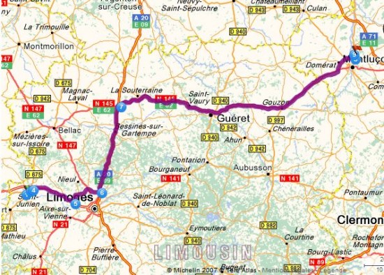 Carte trajet Saint Junien à Montluçon